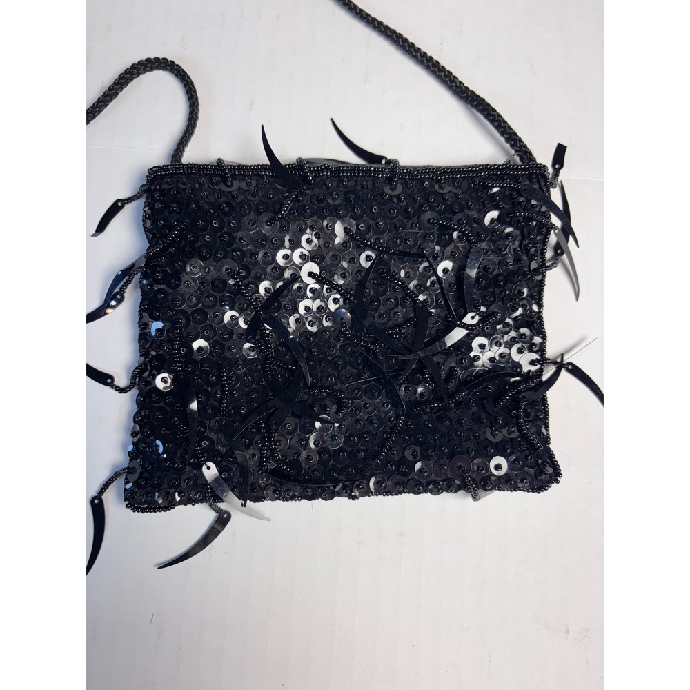 Jessica McClintock Black Sequin‎ Fringe Evening Bag Purse - Picture 2 of 7